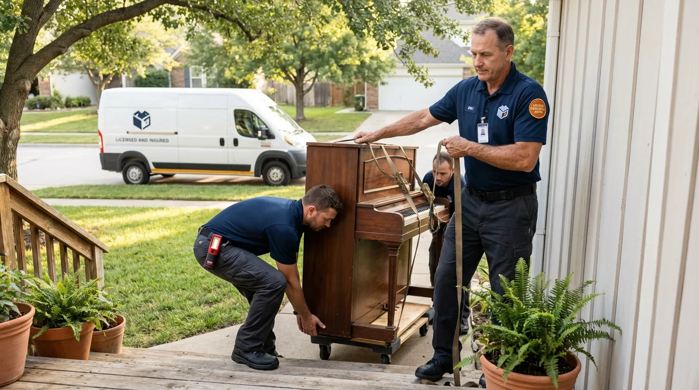 Licensed piano movers securing grand piano in Commerce City, CO