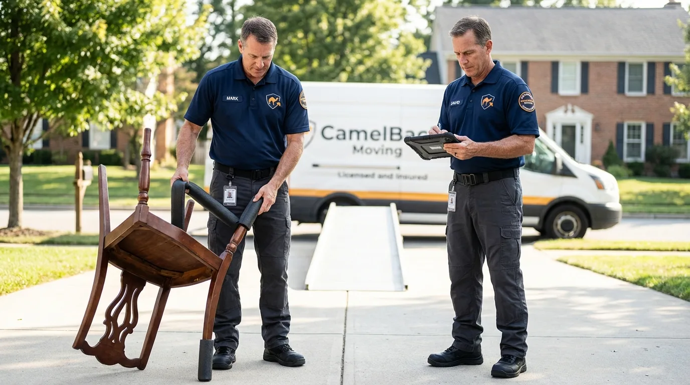 Movers inspecting furniture for damage prevention before loading in Commerce City, CO
